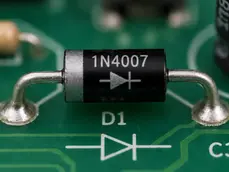 Close-up of a black diode labeled "1N4007" on a green circuit board. White text "D1" and a diode symbol are visible below.