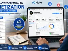 Meta Facebook monetization infographic beside a man using a laptop, with revenue streams, dashboards, and icons on a bright desk.