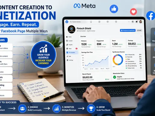 Meta Facebook monetization infographic beside a man using a laptop, with revenue streams, dashboards, and icons on a bright desk.