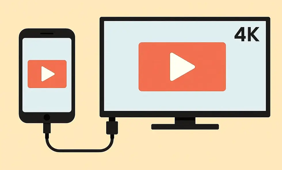 Smartphone connected to a 4K monitor displays a video play icon on both screens, with a light peach background.