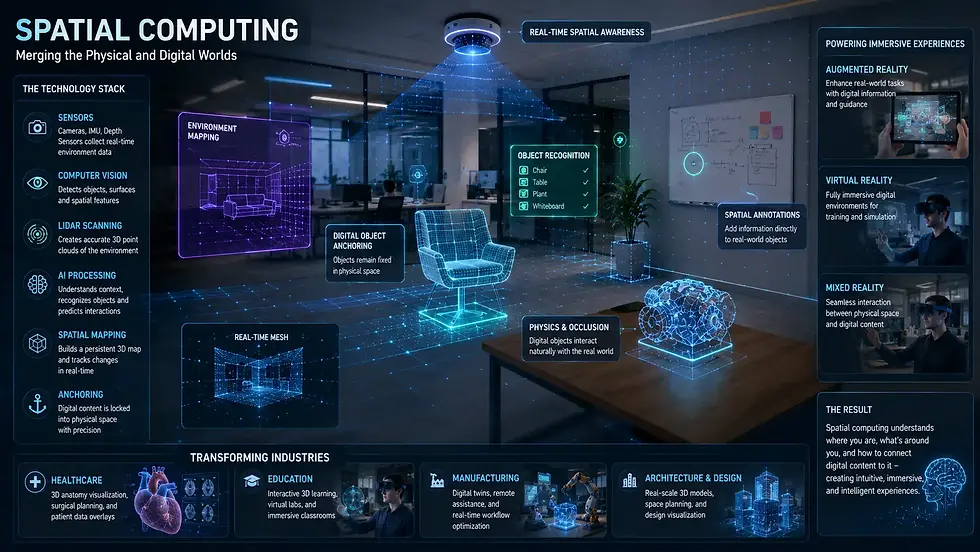 Infographic titled Spatial Computing shows a modern office with holographic chair, mesh, and AR/VR panels in blue neon.