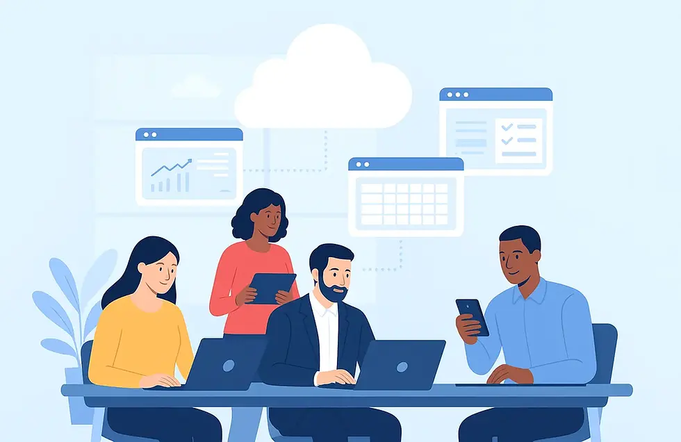 Four people work at laptops and devices in an office. Cloud and graphs appear in the blue-toned background, conveying a tech-focused mood.
