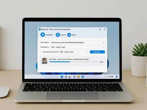 Laptop displaying a video downloader app with a progress bar at 38%. A plant and a mouse are on the wooden desk.