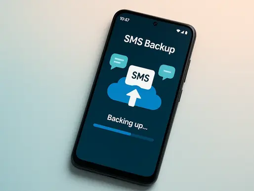 Smartphone screen displaying "SMS Backup" with progress bar. Blue cloud and chat icons on dark background. Time shown is 10:47.