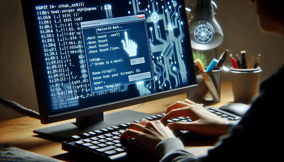 Hands typing on a keyboard in a dim room. Monitor shows code and a dialog box. Circuit patterns on screen, with a lamp nearby.