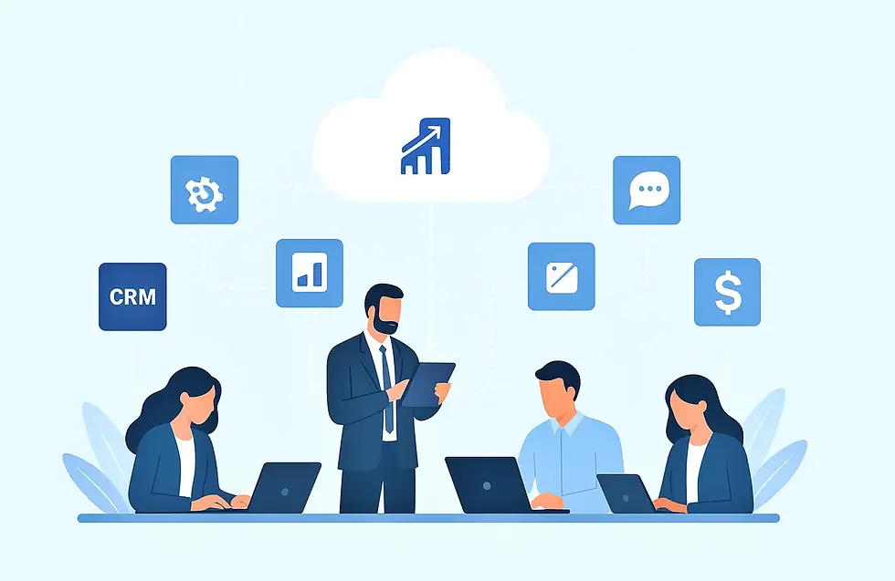 People working on laptops with cloud icons above. Blue theme. Icons include CRM, analytics, communication, and finance. Collaborative mood.