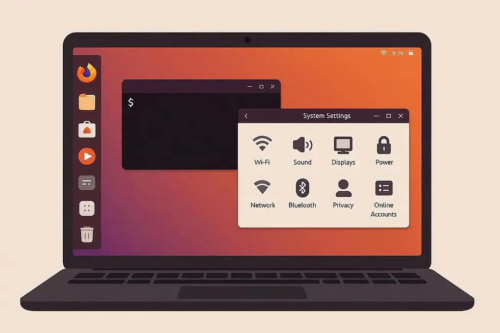Laptop displaying an orange-themed desktop with a terminal window and system settings panel. Sidebar icons include browser and apps.