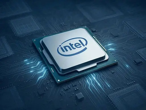 Intel processor on a digital circuit board, glowing blue lines, metal casing with the Intel logo. High-tech and futuristic vibe.
