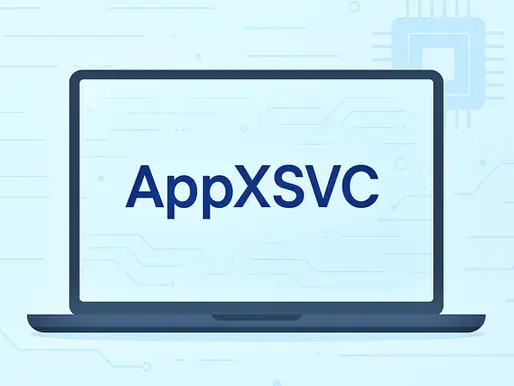 Laptop on light blue tech background, displaying "AppXSVC" on screen with circuit patterns, conveys a digital theme.