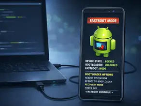 Smartphone in Fastboot Mode showing Android logo and options, connected to a laptop with code on screen, in a dimly lit setting.