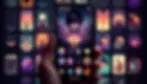 A hand holds a smartphone displaying colorful apps and a moody anime wallpaper. Background shows vibrant app icons. Time reads 28:29.
