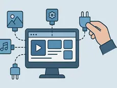 A visual metaphor showing a computer dashboard with modular tools being "plugged in" like USB devices, symbolizing how plugins add extra features and functionalities to existing software.