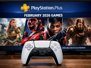PlayStation Plus screen shows "February 2026 Games" with game characters. A PS5 controller is in front, suggesting gaming action.