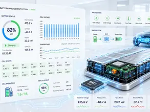 BMS battery management dashboard showing charging status, graphs, protections, and a glowing EV battery pack beside a car.