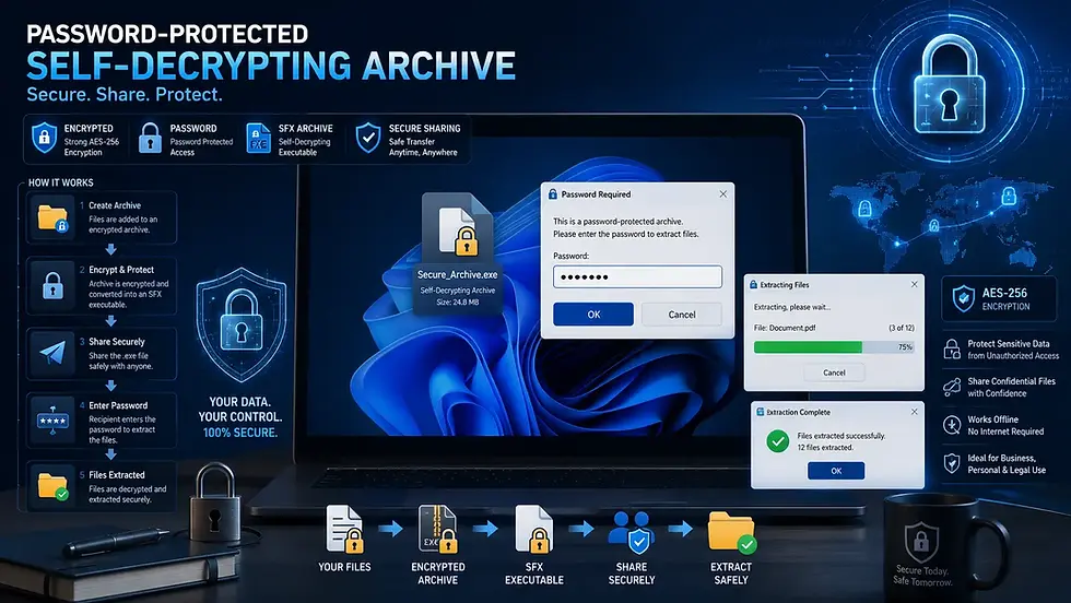 Password-protected self-decrypting archive infographic on a laptop, with lock icons, extraction dialogs, and blue cyber UI.