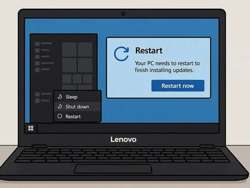 Laptop screen showing restart prompt for updates with options: Sleep, Shut down, Restart. Blue window, black laptop, calm setting.