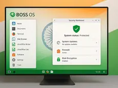 Computer screen displaying BOSS OS interface with a security dashboard showing system status as "Protected." Background: Indian flag colors.