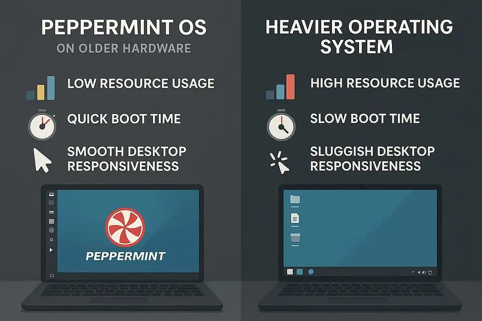 Comparison of Peppermint OS vs. heavier OS. Peppermint has low resource use, quick boot, smooth response. Heavier OS opposite features.