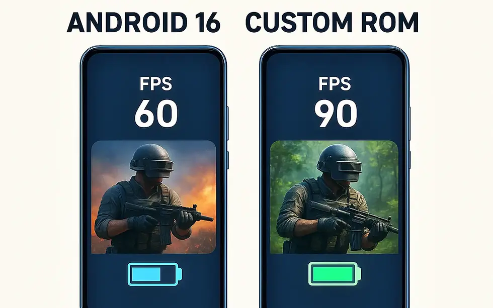 Two phones compared: "Android 16" shows FPS 60 with a soldier image against fire. "Custom ROM" shows FPS 90 with a soldier image in greenery.