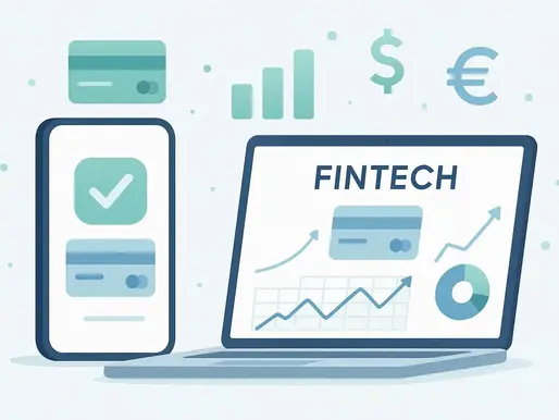 Laptop and smartphone with fintech graphics, charts, and icons. Green-blue theme, showing digital finance growth concepts.