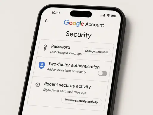 Smartphone screen showing Google Account security settings, including password change, two-factor authentication, and recent security activity.