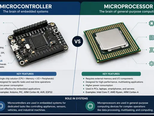 Image comparing a microcontroller and a microprocessor. Features, applications, and key differences are highlighted with diagrams and text.