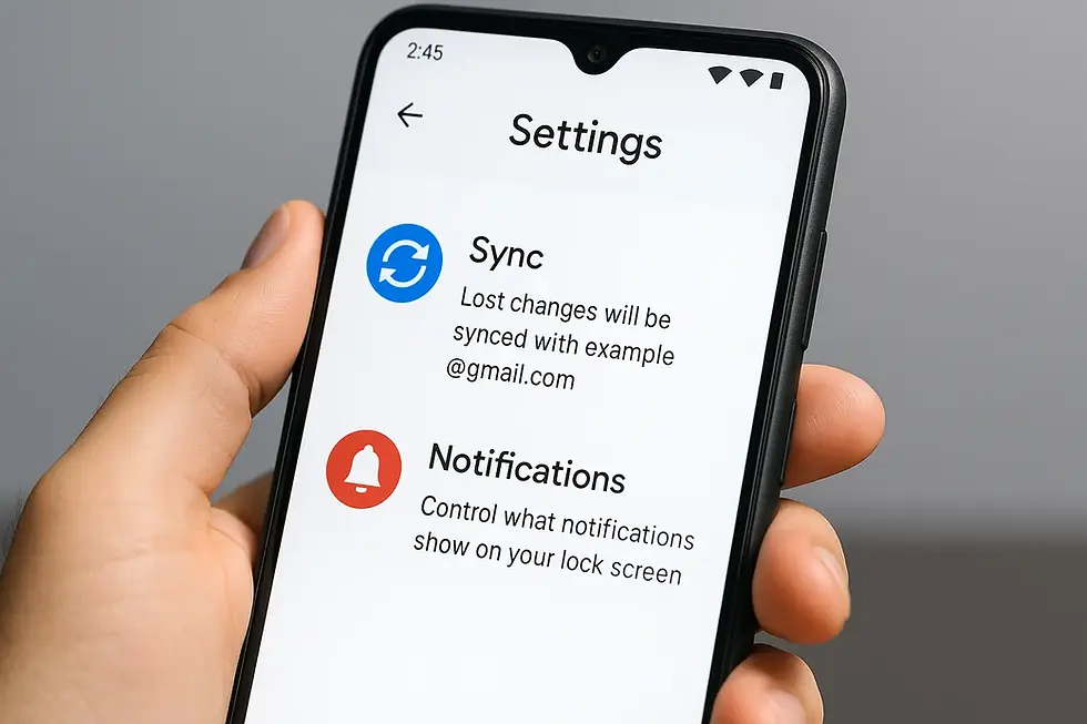 A close-up of a person adjusting sync and notification settings on their smartphone, attempting to resolve missing Google login verification codes.