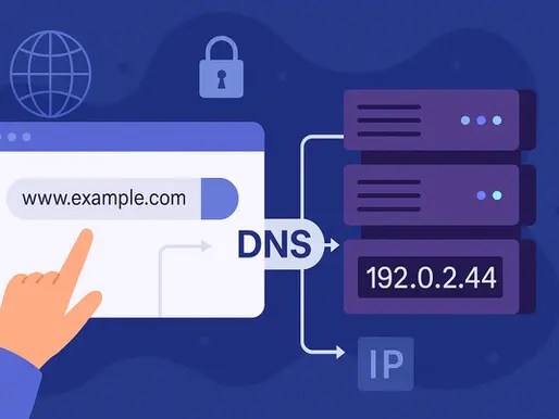 Hand points to "www.example.com" on a browser, showing DNS flow to "192.0.2.44". Background features a globe, lock, and server icons.