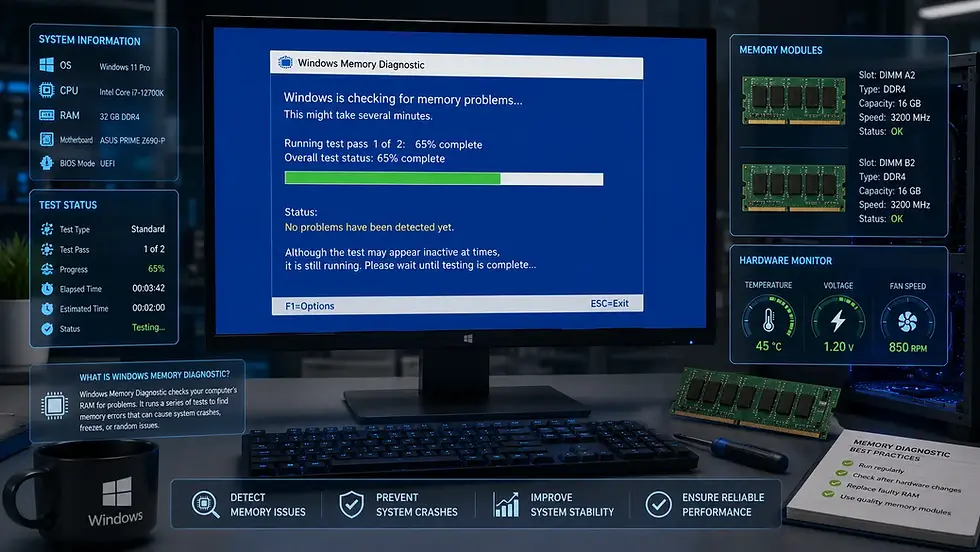 Windows Memory Diagnostic on a desktop monitor shows 65% progress, with RAM modules and hardware stats on a tech desk.