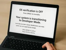 Laptop screen showing "OS verification is OFF," prompting transition to Developer Mode. Person's hand near keyboard, wooden desk background.