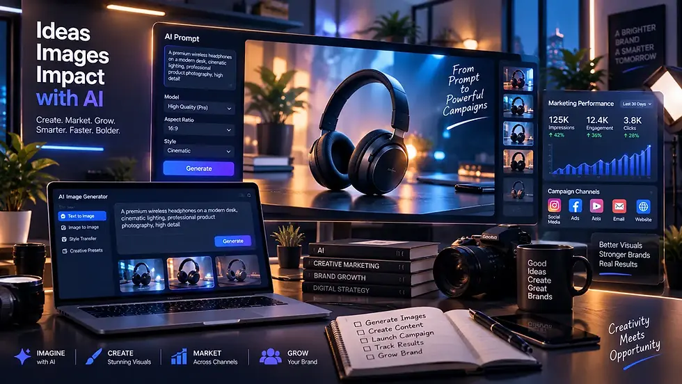 AI marketing workspace with headphones on monitor, laptop generator, analytics panels, and text Ideas Images Impact with AI