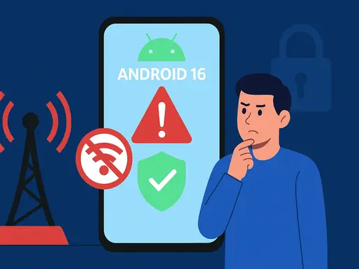 Man pondering next to a smartphone screen showing "Android 16." Icons include a warning sign, no Wi-Fi, and security check. Dark blue background.