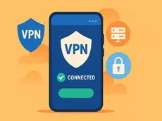 Flat-style illustration showing an Android phone with VPN shield icons, servers, and a secure connection UI.