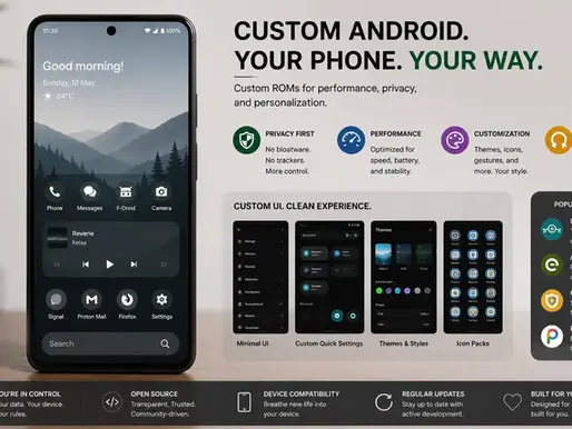 Smartphone on table displaying a scenic morning theme. Text promotes custom Android ROMs with privacy, performance, customization, and open source.