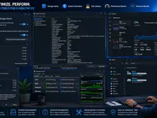 Windows 11 maintenance infographic: Analyze. Optimize. Perform. Built-in tools, system stats, and a man monitoring his PC.