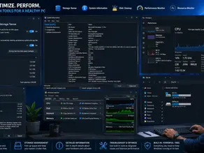 Windows 11 maintenance infographic: Analyze. Optimize. Perform. Built-in tools, system stats, and a man monitoring his PC.