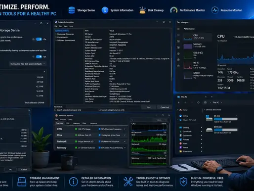 Windows 11 maintenance infographic: Analyze. Optimize. Perform. Built-in tools, system stats, and a man monitoring his PC.