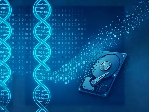 Digital DNA strands and binary code flow into a hard drive against a blue backdrop, symbolizing data storage and technology integration.