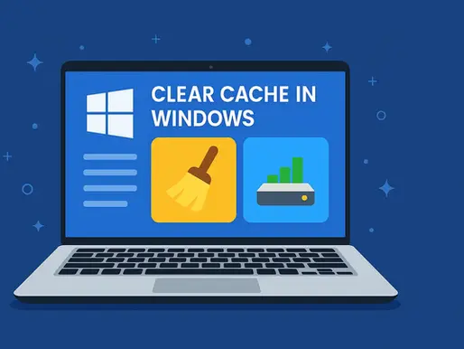 Laptop screen showing "Clear Cache in Windows" text with icons for cleaning and storage on a blue background with stars.