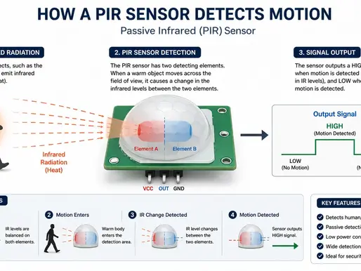 Diagram showing how a PIR sensor detects motion. Steps include infrared radiation, sensor detection with Elements A and B, and signal output.