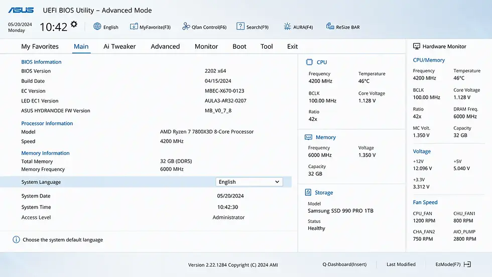 ASUS UEFI BIOS utility screenshot showing system details: Ryzen 7 7800X3D CPU, 32GB DDR5 memory, Samsung SSD 990 PRO 1TB. Time: 10:42.