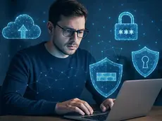 Man focused on laptop, surrounded by holographic icons of cloud, lock, and shields. Dark background, blue digital visuals. Tech theme.
