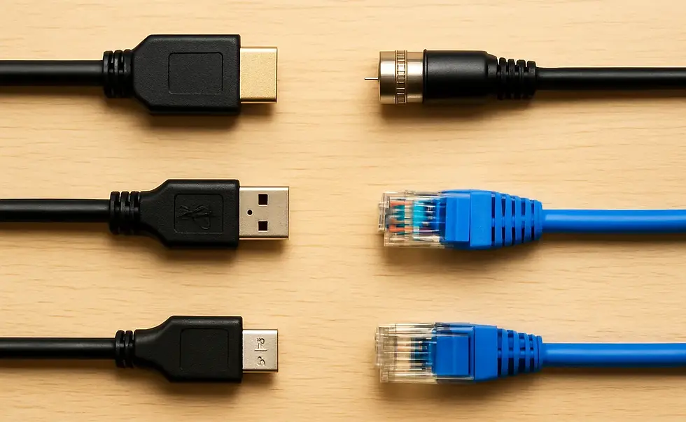 Various cables lie parallel on a wooden surface: HDMI, coaxial, USB, micro USB, and Ethernet, showcasing different tech connectors.