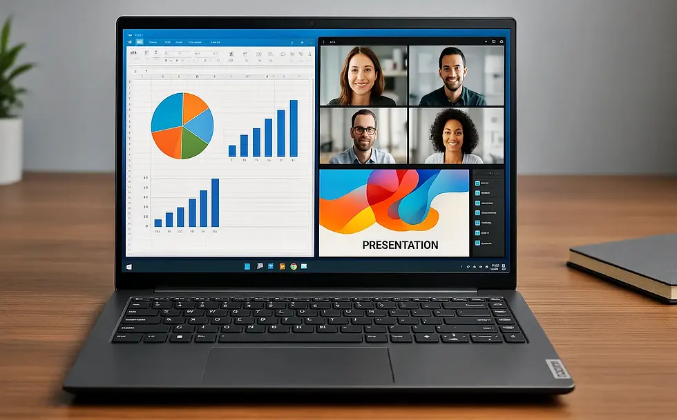 Laptop screen showing charts and a video call with four people. The right side displays a colorful "Presentation" slide. Wooden desk background.