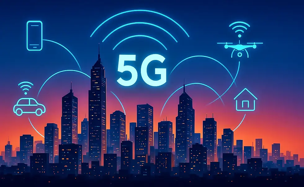 City skyline at sunset with digital 5G icons: phone, drone, car, and home. Blue networks connect objects, creating a tech atmosphere.