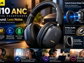 Baseus EH10 ANC wireless headphones ad with black over-ear headphones, feature icons, and people using them for music, travel and work