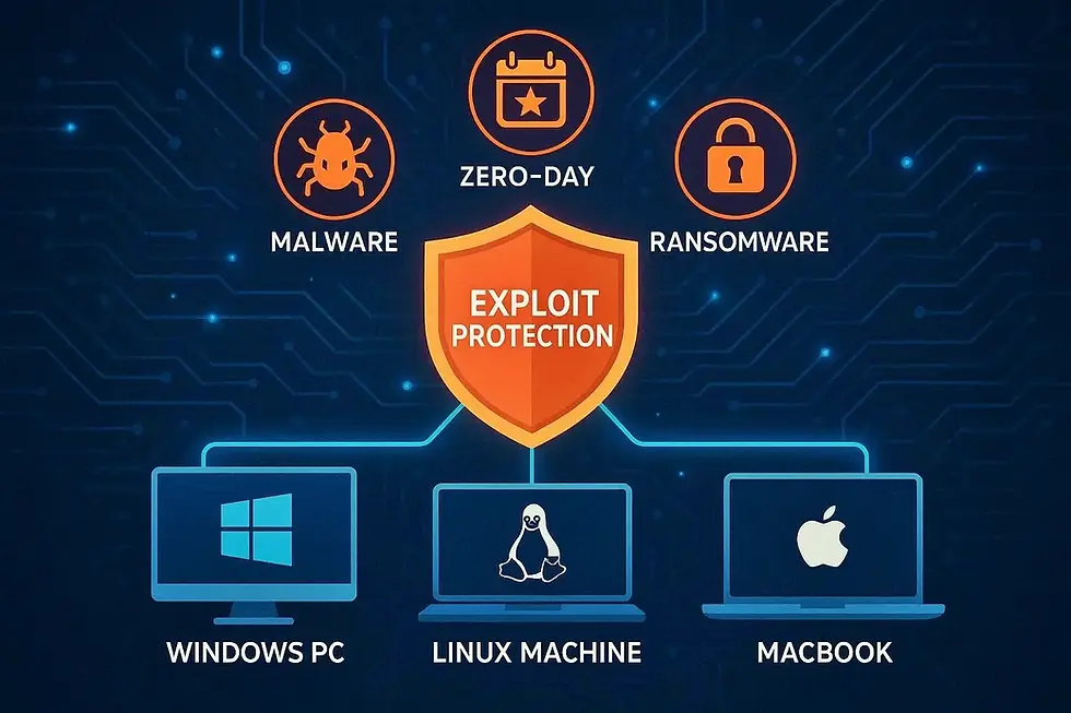 Orange shield labeled "Exploit Protection" against malware, zero-day, ransomware icons. Below, Windows PC, Linux Machine, MacBook icons. Dark blue tech background.