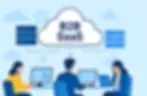 Three people work on laptops and desktops under a cloud labeled "B2B SaaS." Blue background with gears and clouds indicates a tech setting.