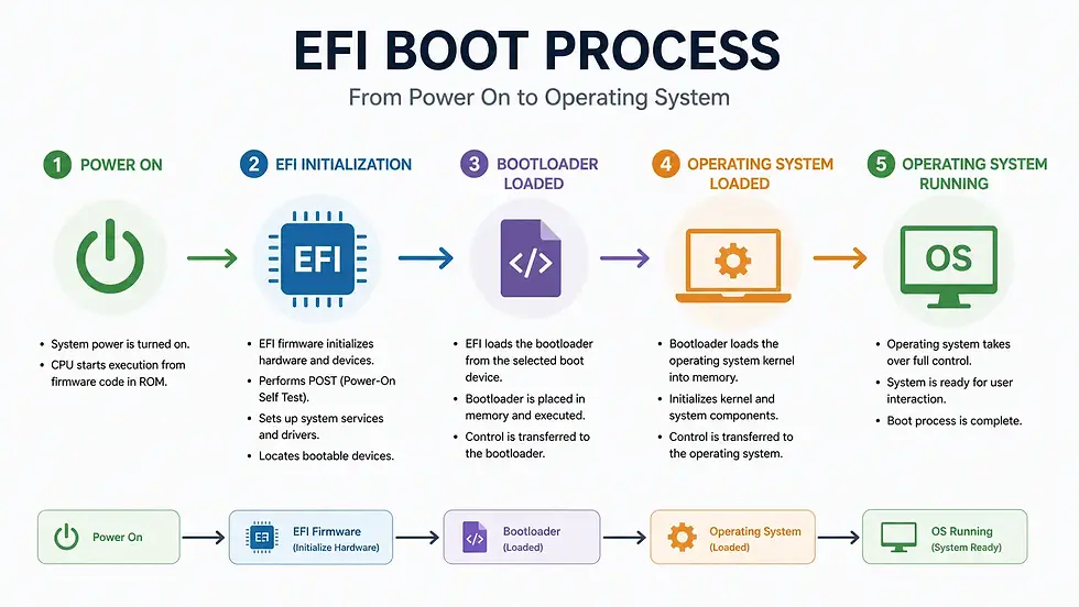 Flowchart of EFI boot process: 1. Power On, 2. EFI Initialization, 3. Bootloader Loaded, 4. OS Loaded, 5. OS Running. Steps with icons.