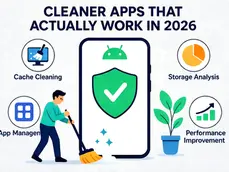 Man mopping beside phone with security icon, text "CLEANER APPS THAT ACTUALLY WORK IN 2026". Icons for cache cleaning, storage, performance.